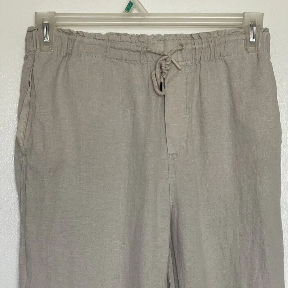 MNG Mango Womens Sz Small Pants High Rise Minimalist Beige Drawstring 100% Linen